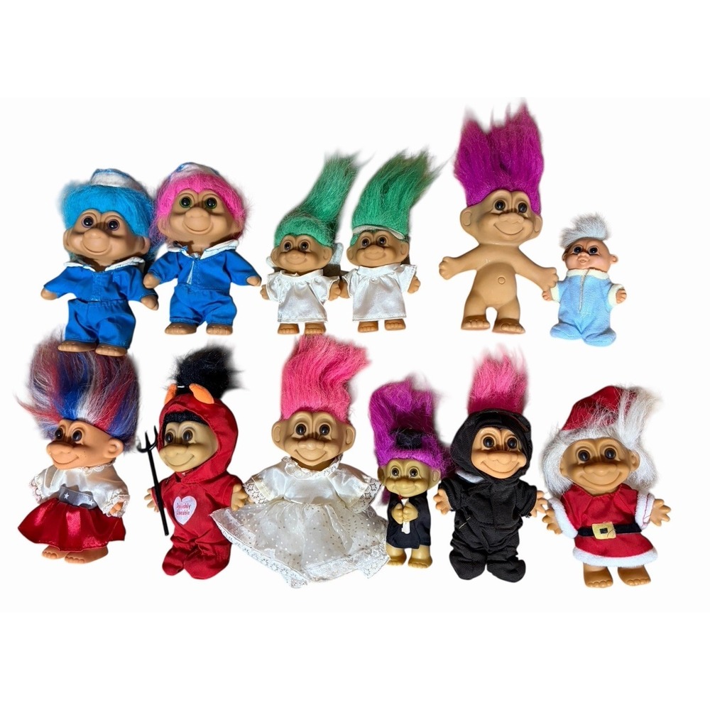 MIXED LOT OF 12 VINTAGE TROLL DOLLS - VARIOUS SIZES 4"-6"